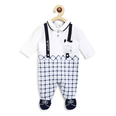 Boys White & Light Blue Leg Opening Baby Suit